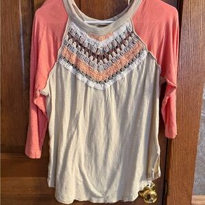 We The Free Coral and Beige Crochet Long Sleeve Top